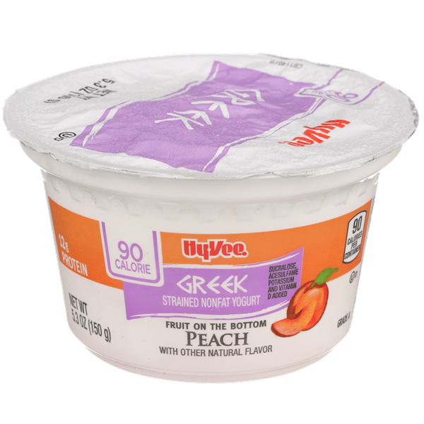 HyVee 90 Calorie NonFat Peach Flavor Fruit on the Bottom Greek Yogurt